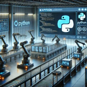 automation setting featuring robotic arms, conveyor belts, and control panels with screens displaying Python code