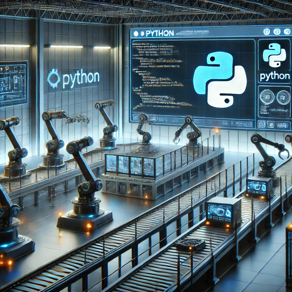 automation setting featuring robotic arms, conveyor belts, and control panels with screens displaying Python code